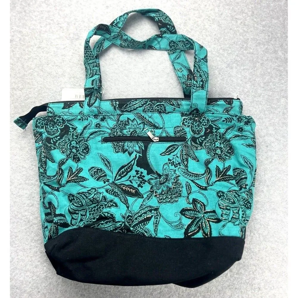 Mings Blue Black Floral Shoulder Tote Bag Boho Tropical Carryall NWT